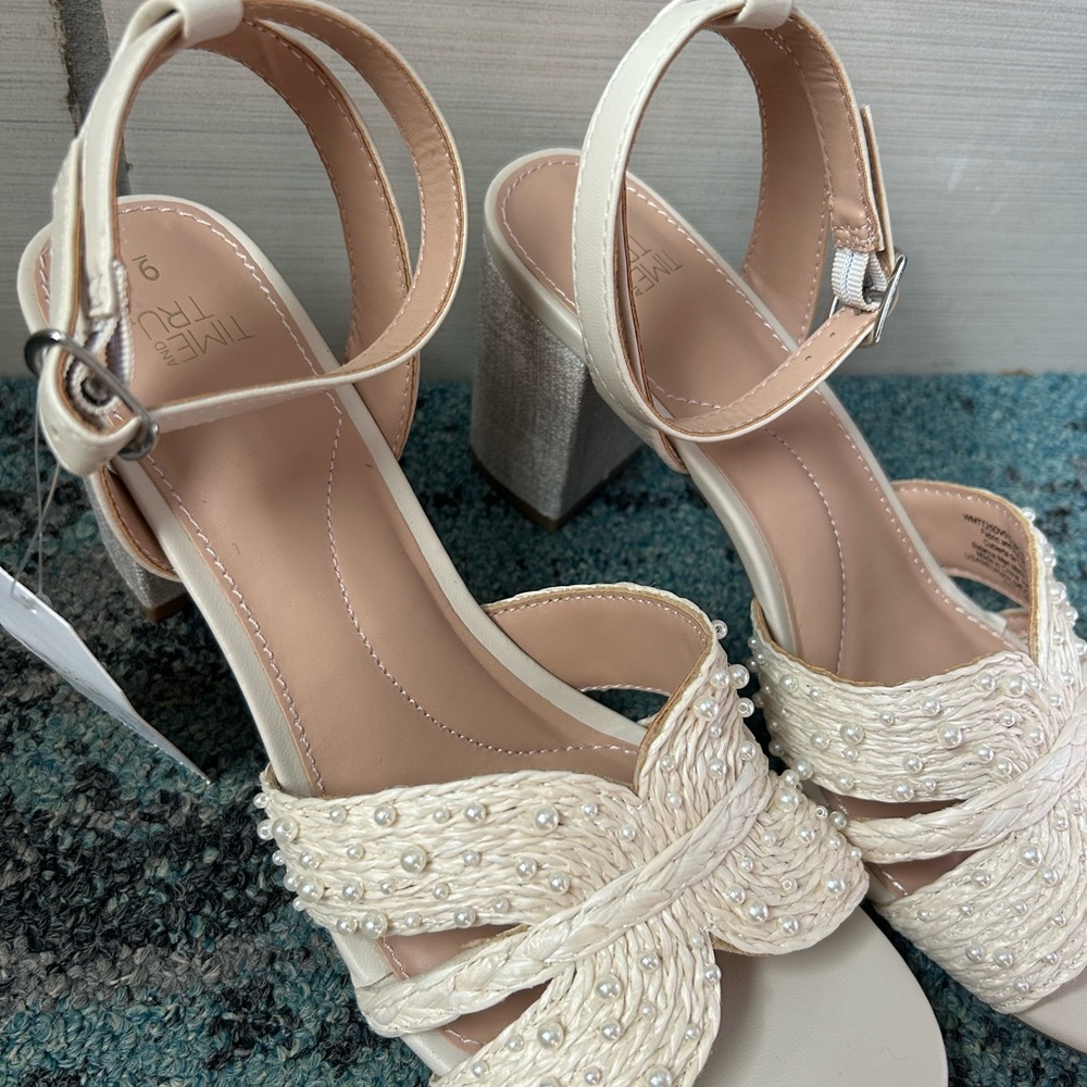 Time and Tru Cream Heels with Woven Design